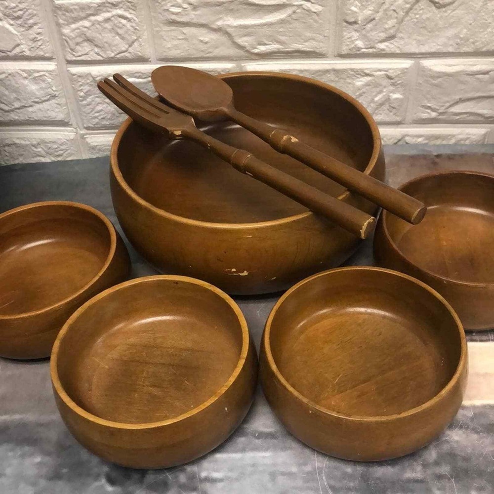 Hellerware‎ Wooden Salad Set Large Salad Bowl, 4 Bowls, Fork/spoon Brown Taiwan
